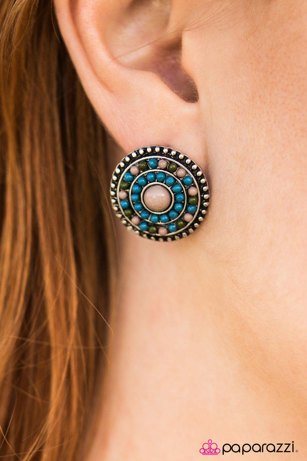 Turn The BEAD Around Multi Blue and Beige Post Earrings - Paparazzi Accessories - model -CarasShop.com - $5 Jewelry by Cara Jewels