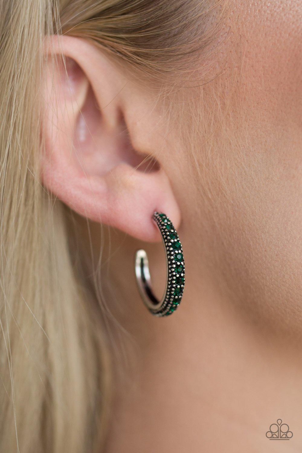 Twinkling Tinseltown Emerald Green Hoop Earrings - Paparazzi Accessories-CarasShop.com - $5 Jewelry by Cara Jewels
