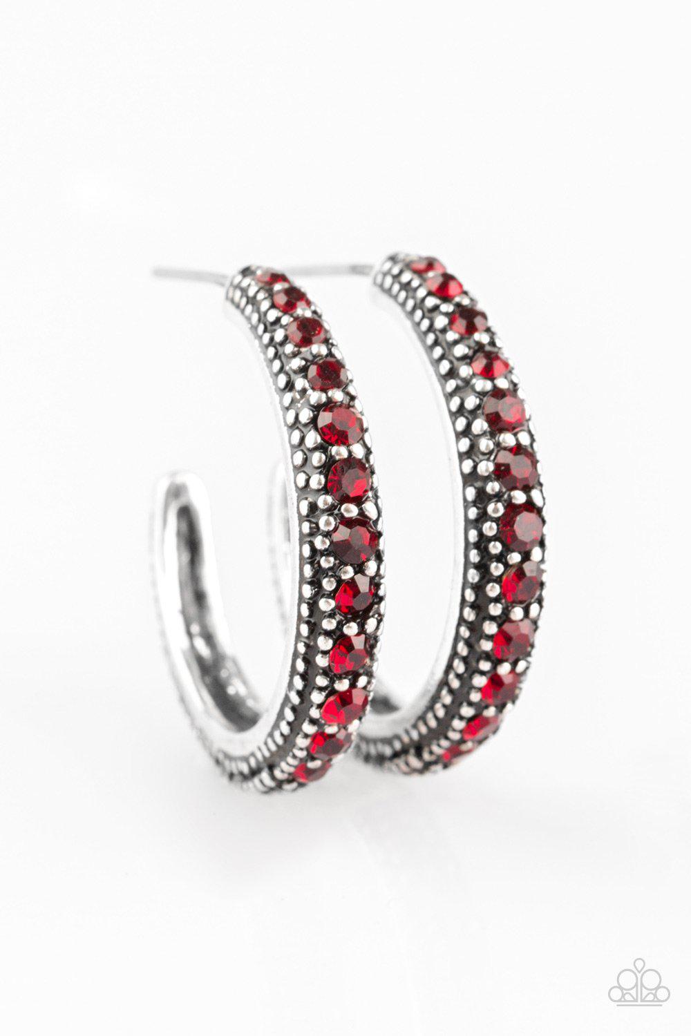 Twinkling Tinseltown Red Gem Hoop Earrings - Paparazzi Accessories-CarasShop.com - $5 Jewelry by Cara Jewels