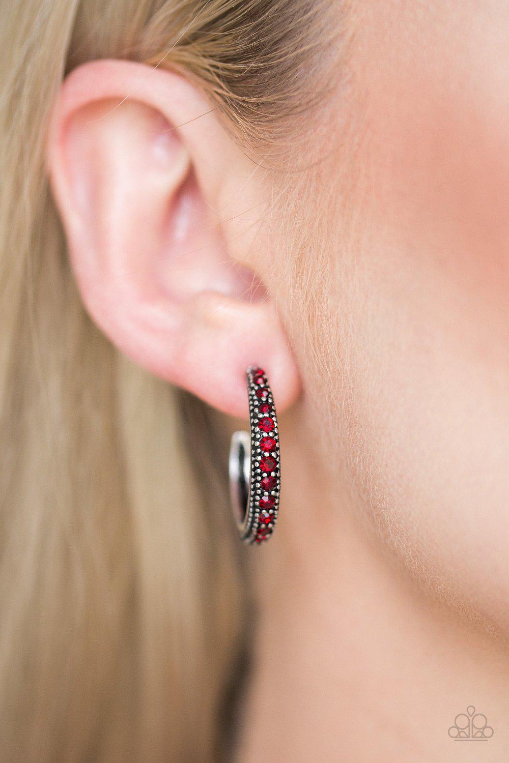 Twinkling Tinseltown Red Gem Hoop Earrings - Paparazzi Accessories-CarasShop.com - $5 Jewelry by Cara Jewels