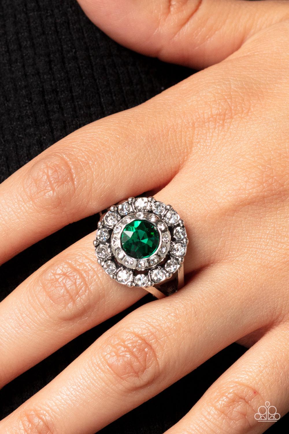 Twinkling Trance Green &amp; White Rhinestone Ring - Paparazzi Accessories-on model - CarasShop.com - $5 Jewelry by Cara Jewels