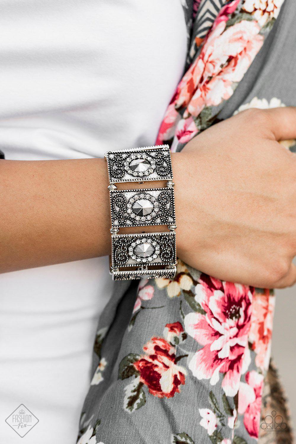 Tycoon Texture Silver Stretch Cuff Bracelet - Paparazzi Accessories-CarasShop.com - $5 Jewelry by Cara Jewels