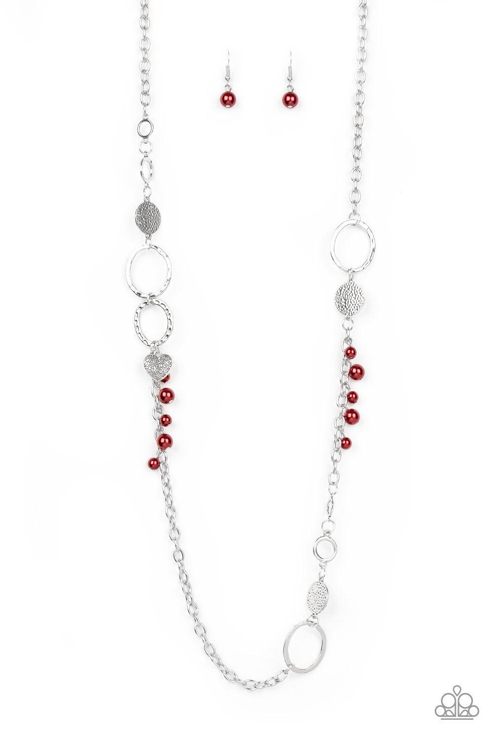 Unapologetic Flirt Silver and Metallic Red Bead Necklace - Paparazzi Accessories-CarasShop.com - $5 Jewelry by Cara Jewels