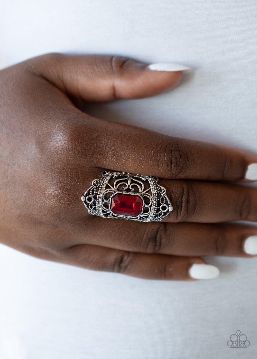 Undefinable Dazzle Red Rhinestone and Silver Ring - Paparazzi Accessories LOTP Exclusive January 2021 - model -CarasShop.com - $5 Jewelry by Cara Jewels