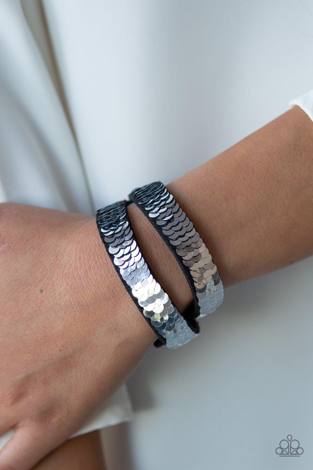 Under The SEQUINS Blue / Silver Double-Wrap Snap Bracelet - Paparazzi Accessories-CarasShop.com - $5 Jewelry by Cara Jewels