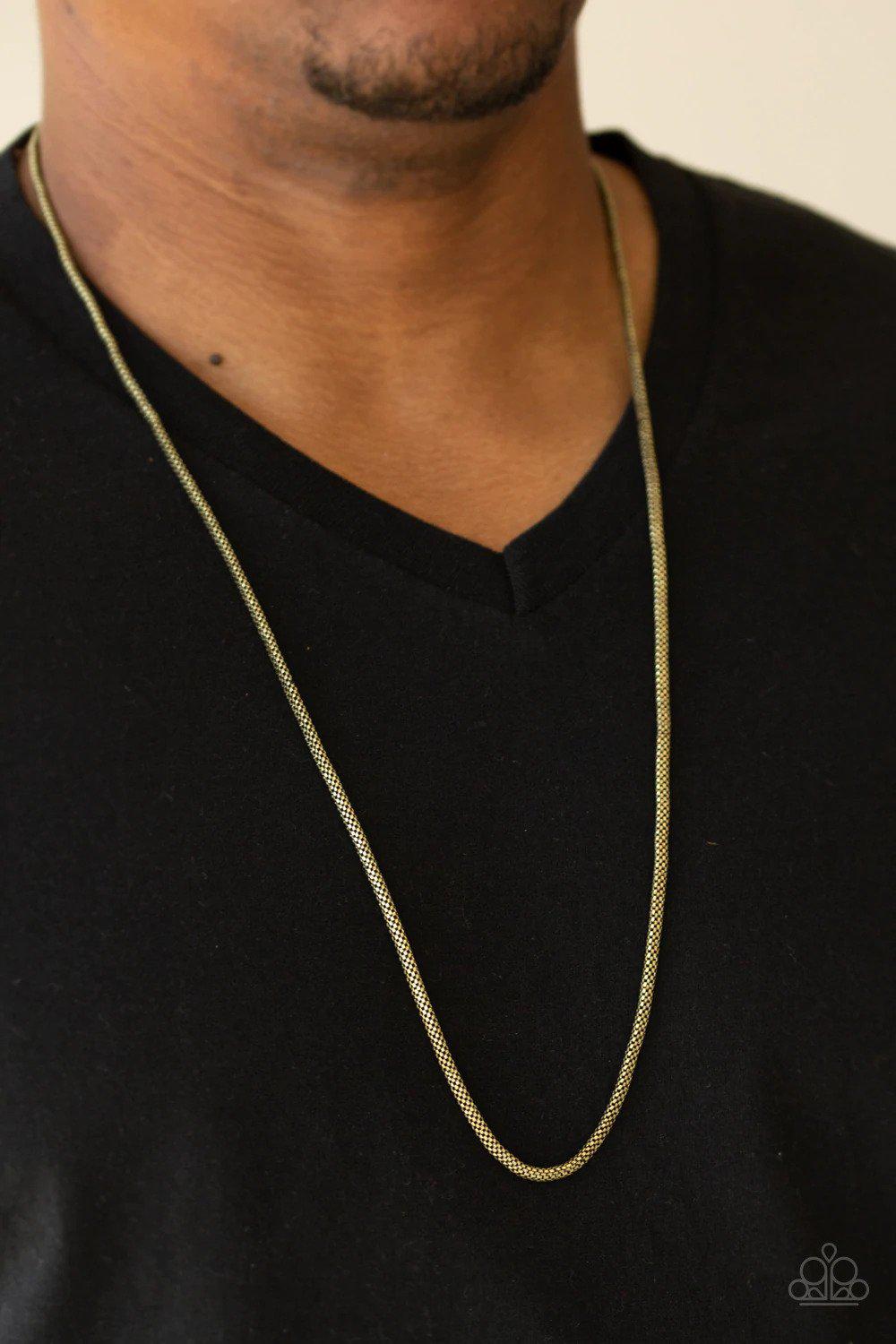 Underground Men&#39;s Brass Necklace - Paparazzi Accessories- on model - CarasShop.com - $5 Jewelry by Cara Jewels