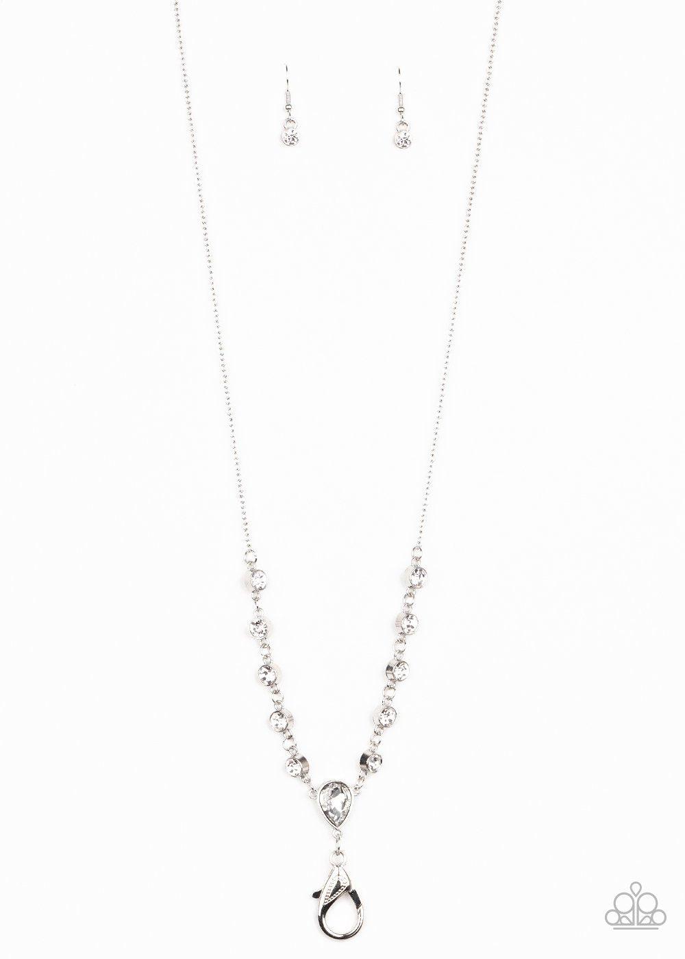 Unfathomable Fierceness White Rhinestone Lanyard Necklace - Paparazzi Accessories- lightbox - CarasShop.com - $5 Jewelry by Cara Jewels