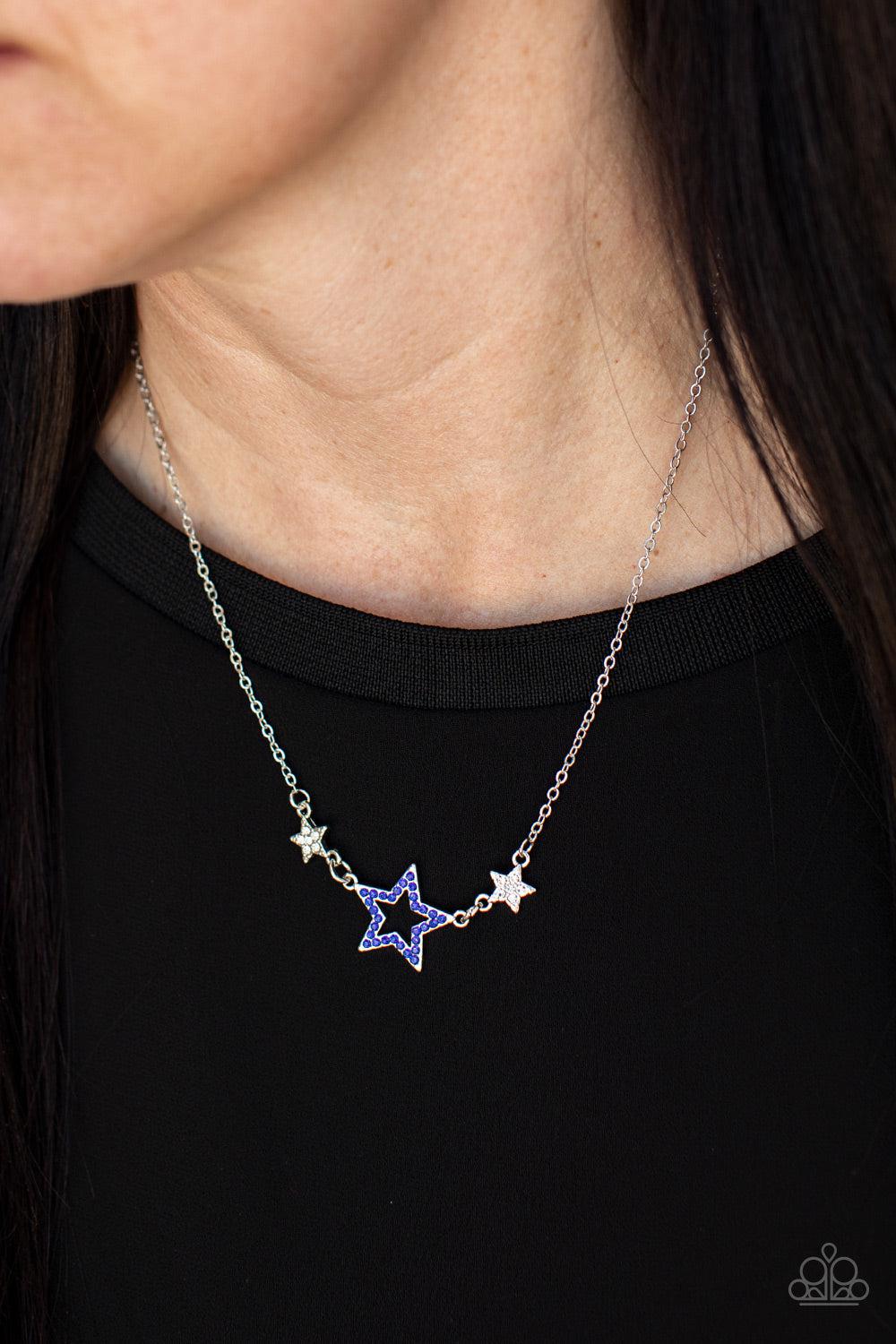 United We Sparkle Blue Rhinestone Star Necklace - Paparazzi Accessories-on model - CarasShop.com - $5 Jewelry by Cara Jewels