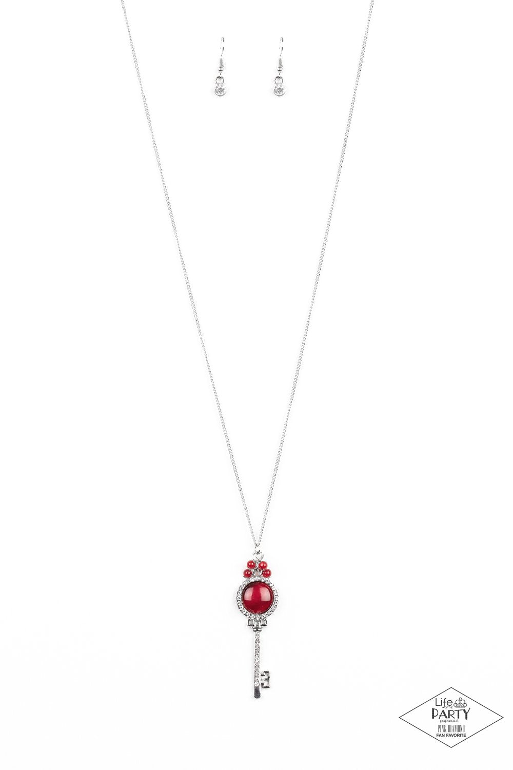 Unlock Every Door Red Cat&#39;s Eye Stone Key Necklace - Paparazzi Accessories-CarasShop.com - $5 Jewelry by Cara Jewels
