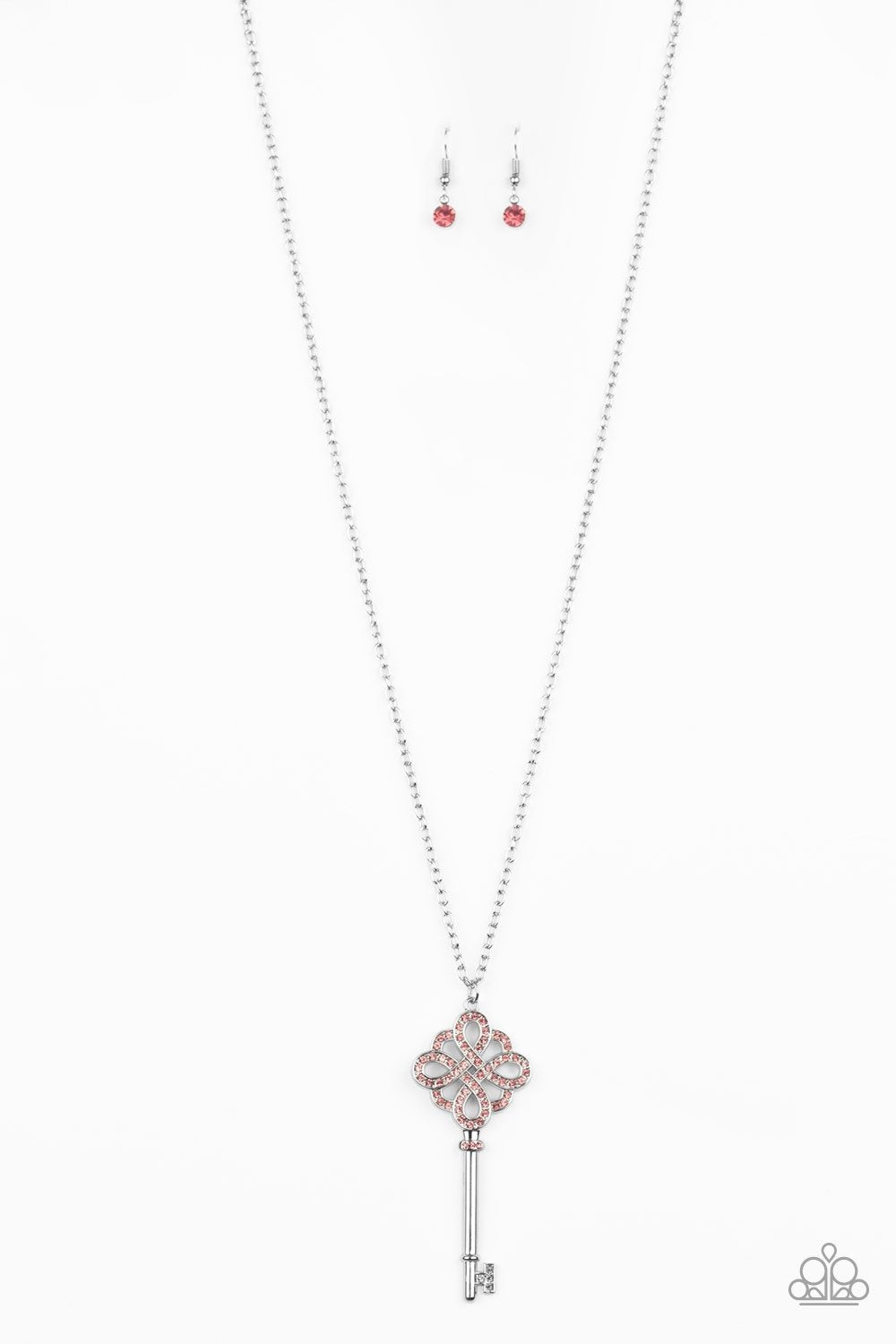 Unlocked Pink Rhinestone Key Pendant Necklace - Paparazzi Accessories LOTP Exclusive May 2020-CarasShop.com - $5 Jewelry by Cara Jewels