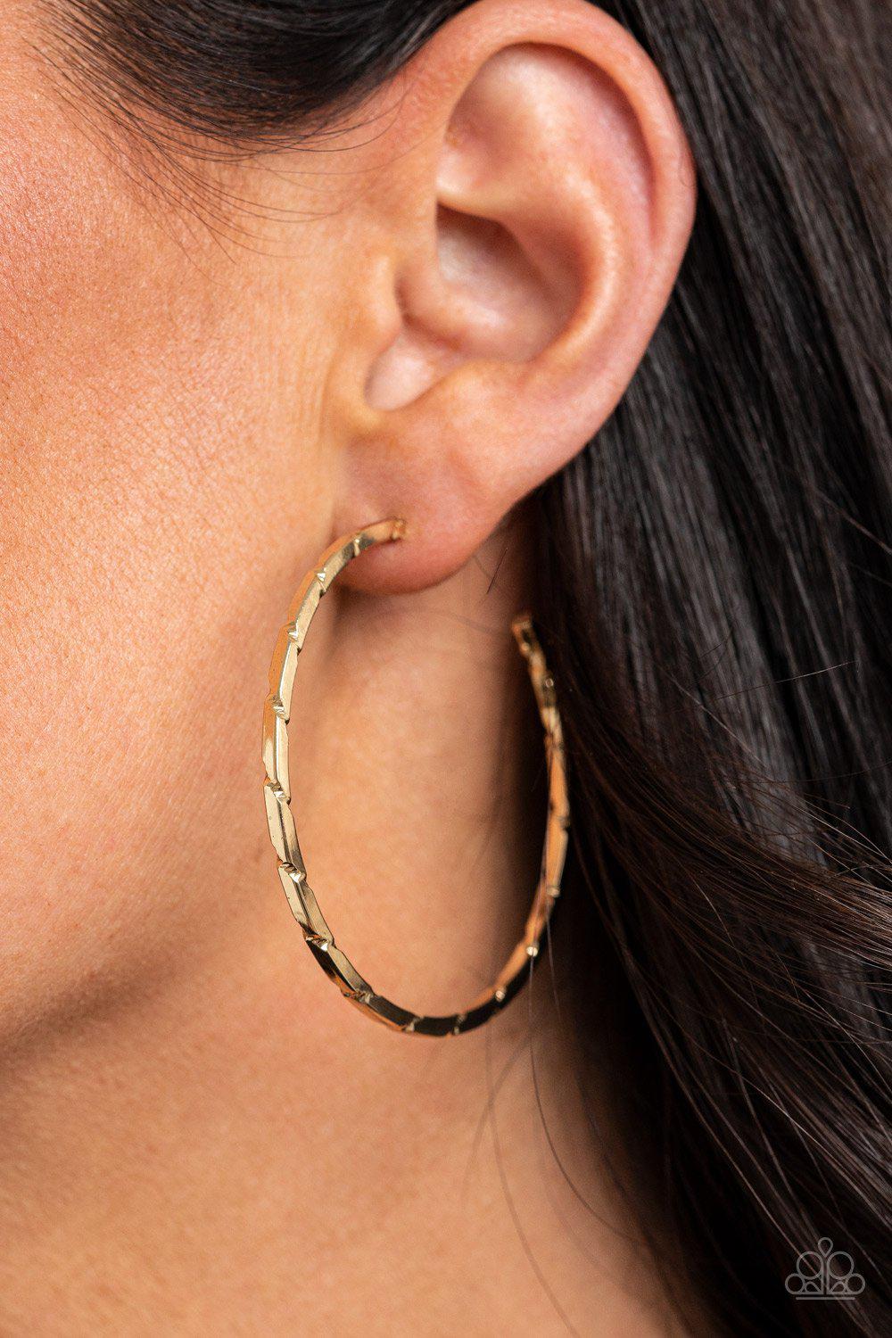 Unregulated Gold Hoop Earrings - Paparazzi Accessories - model -CarasShop.com - $5 Jewelry by Cara Jewels