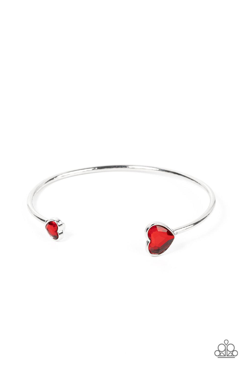 Unrequited Love Red Rhinestone Heart Cuff Bracelet - Paparazzi Accessories- lightbox - CarasShop.com - $5 Jewelry by Cara Jewels