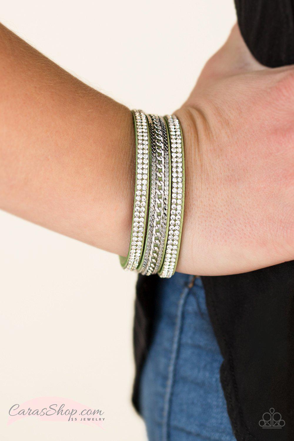 Unstoppable Green Suede Wrap Snap Bracelet - Paparazzi Accessories-CarasShop.com - $5 Jewelry by Cara Jewels