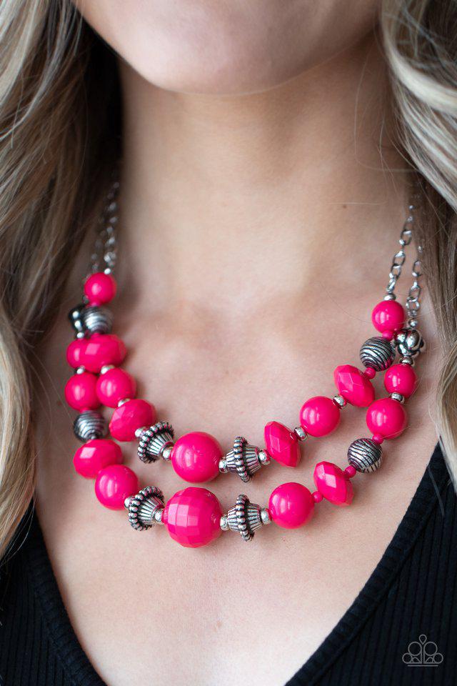 Upscale Chic Pink &amp; Silver Necklace - Paparazzi Accessories- on model - CarasShop.com - $5 Jewelry by Cara Jewels