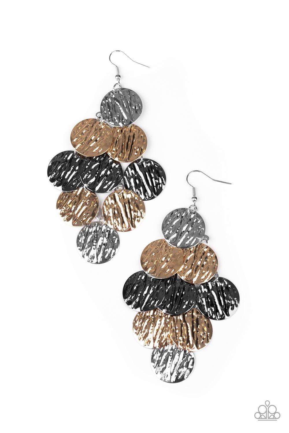 Uptown Edge Multi Gold, Gunmetal and Silver Cascading Earrings - Paparazzi Accessories - lightbox -CarasShop.com - $5 Jewelry by Cara Jewels