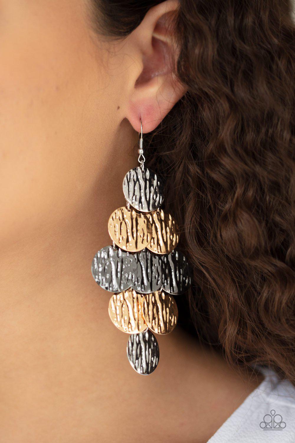 Uptown Edge Multi Gold, Gunmetal and Silver Cascading Earrings - Paparazzi Accessories - model -CarasShop.com - $5 Jewelry by Cara Jewels