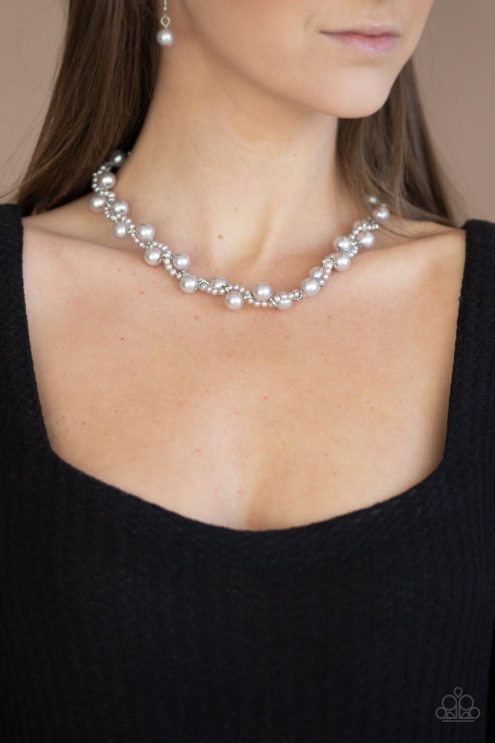 Uptown Opulence Silver Pearl Necklace - Paparazzi Accessories - model -CarasShop.com - $5 Jewelry by Cara Jewels