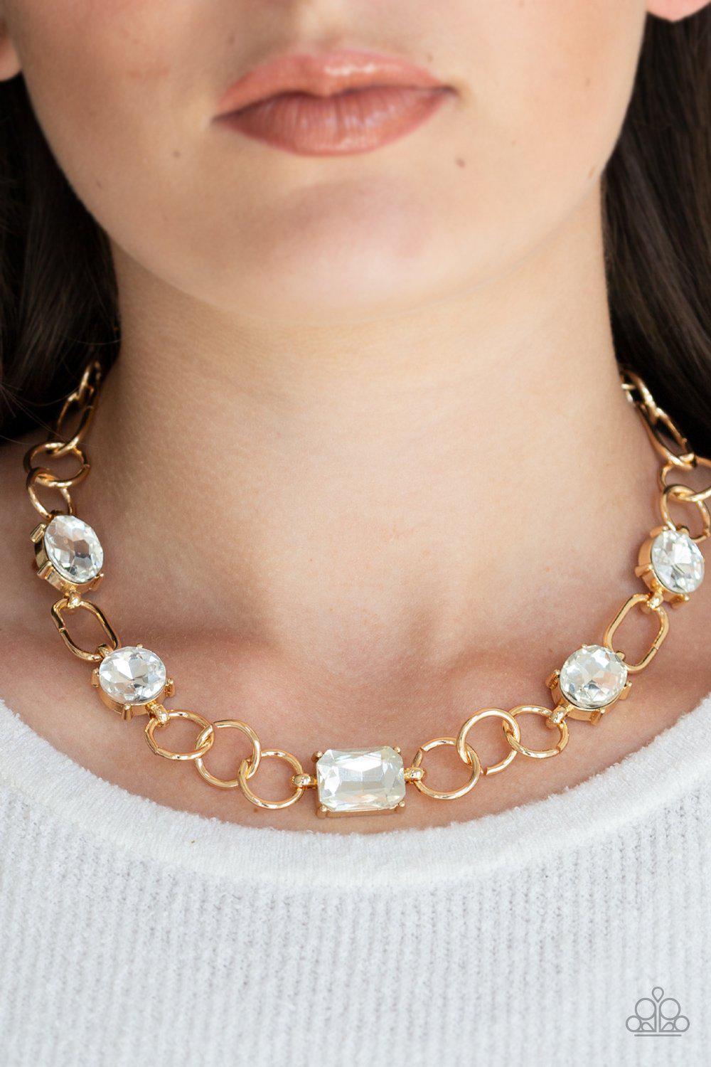 Urban District Gold and White Rhinestone Necklace - Paparazzi Accessories-CarasShop.com - $5 Jewelry by Cara Jewels