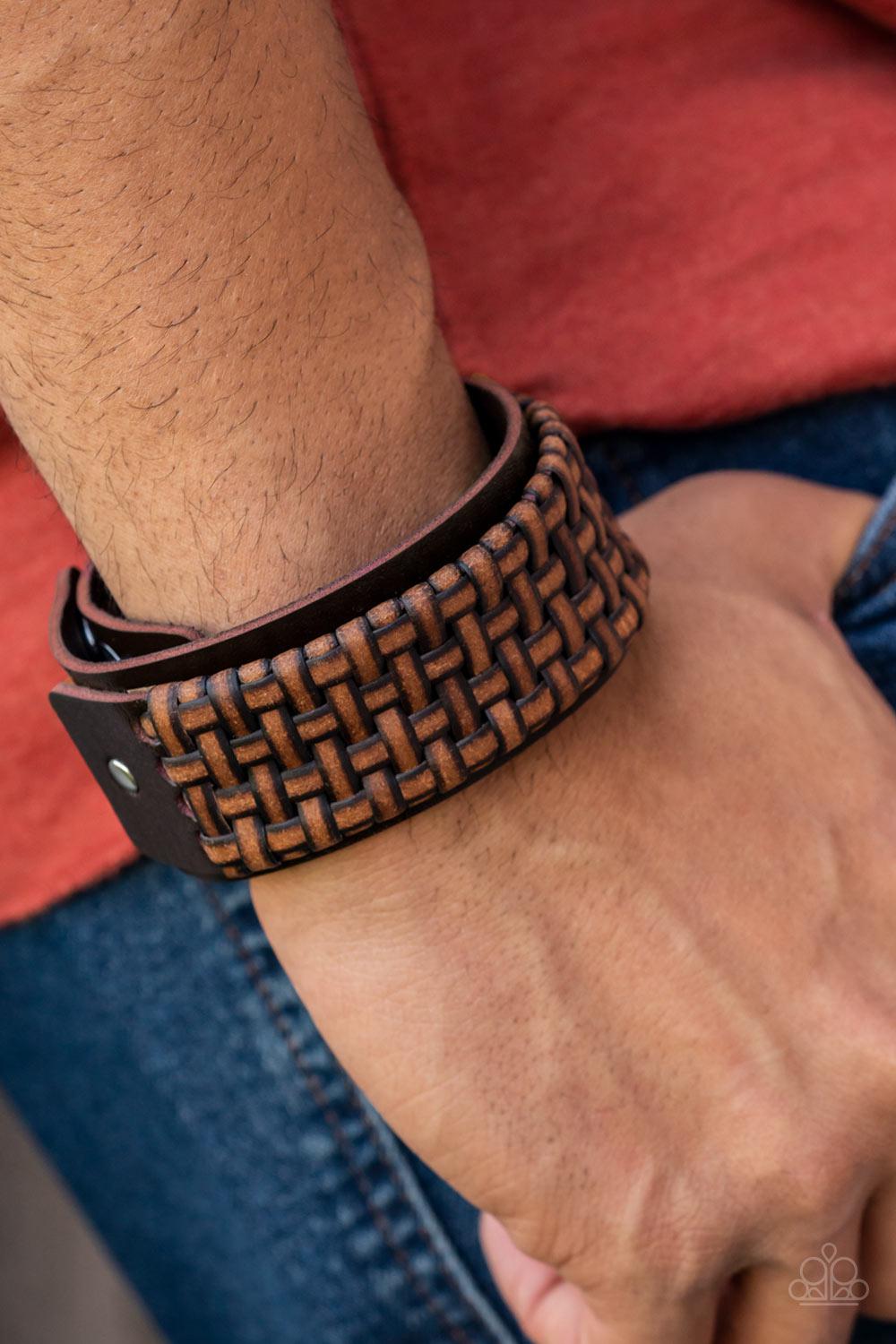 Urban Expansion Brown Leather Snap Bracelet - Paparazzi Accessories-on model - CarasShop.com - $5 Jewelry by Cara Jewels