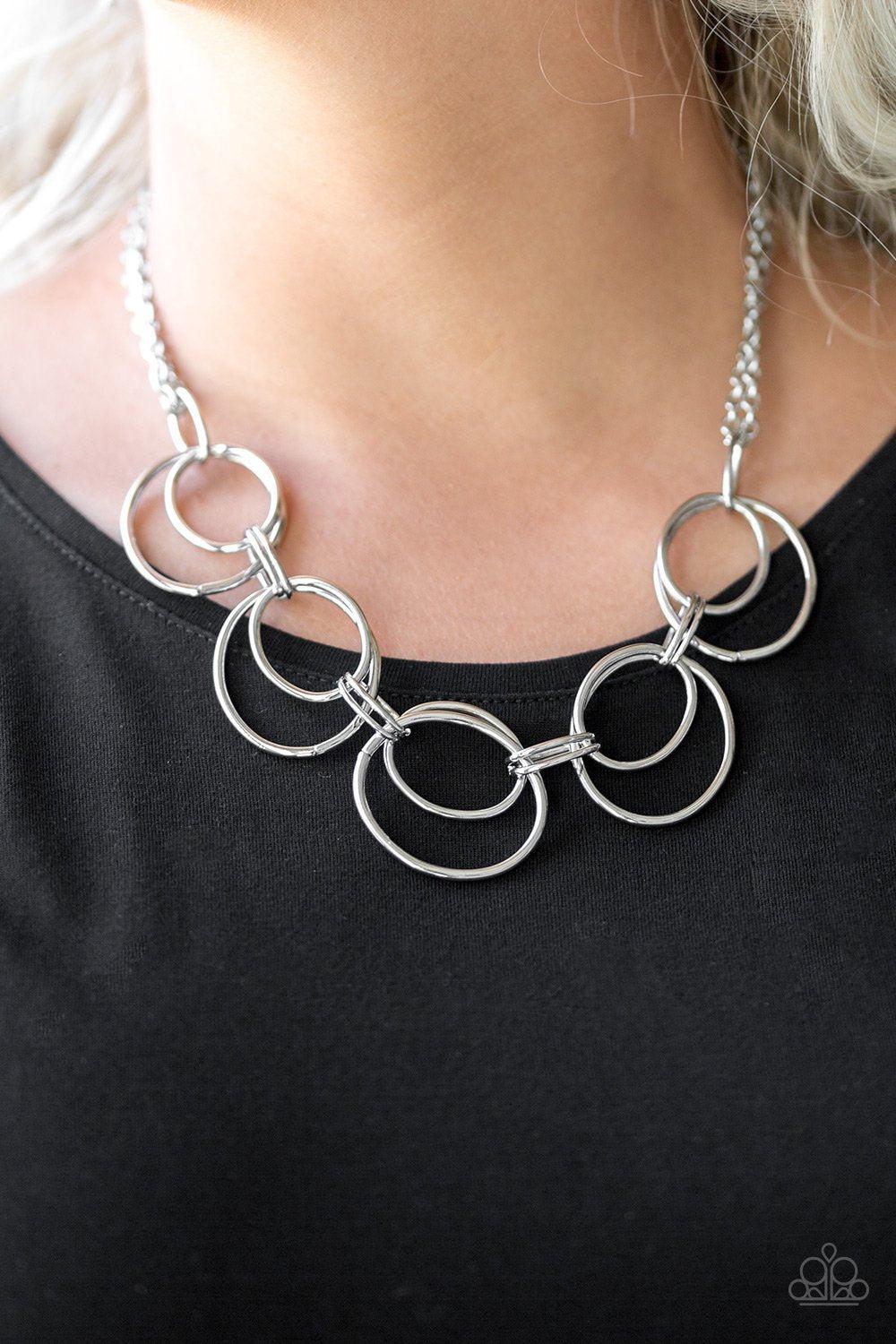 Urban Orbit Silver Necklace - Paparazzi Accessories - model -CarasShop.com - $5 Jewelry by Cara Jewels