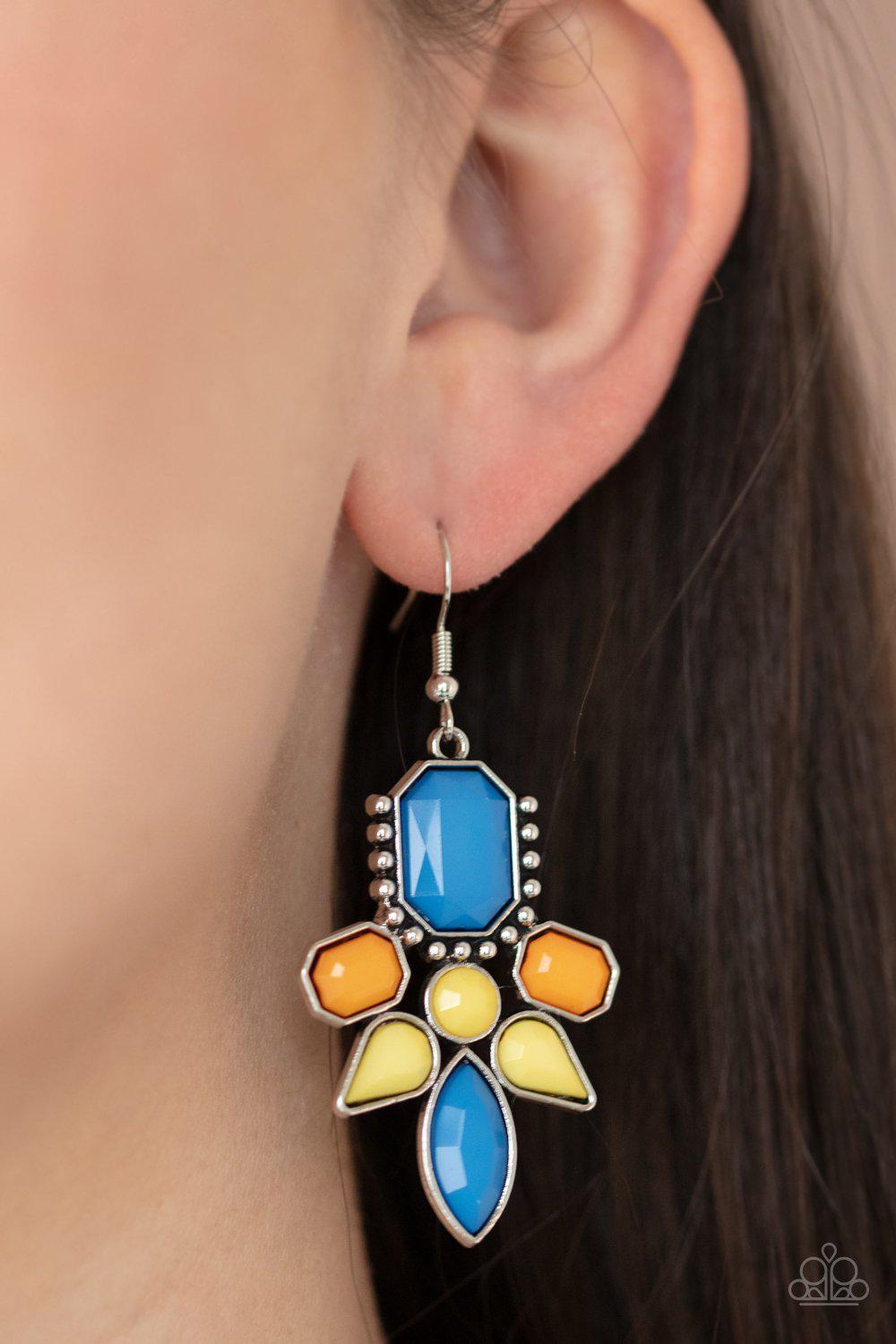 Vacay Vixen Multi Blue, Yellow and Marigold Earrings - Paparazzi Accessories- model - CarasShop.com - $5 Jewelry by Cara Jewels