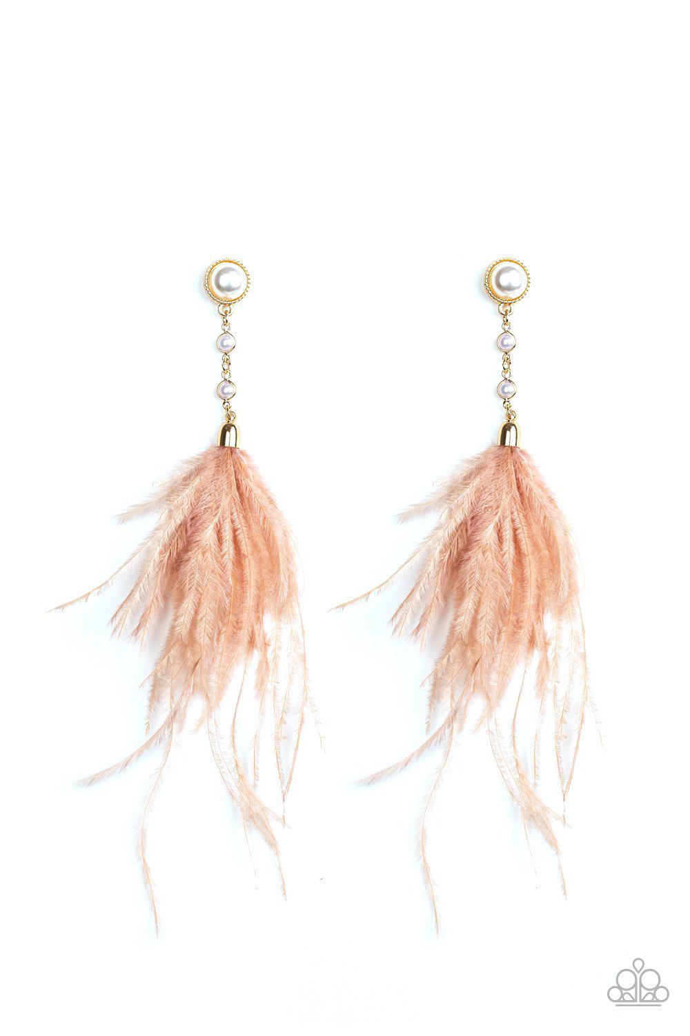 Vegas Vixen Pink and Gold Feather Earrings - Paparazzi Accessories-CarasShop.com - $5 Jewelry by Cara Jewels