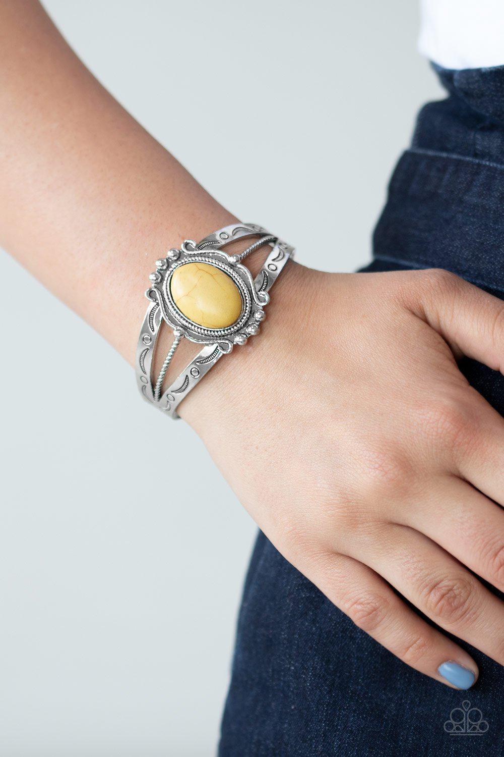 Very TERRA-torial Yellow Stone Cuff Bracelet - Paparazzi Accessories- model - CarasShop.com - $5 Jewelry by Cara Jewels