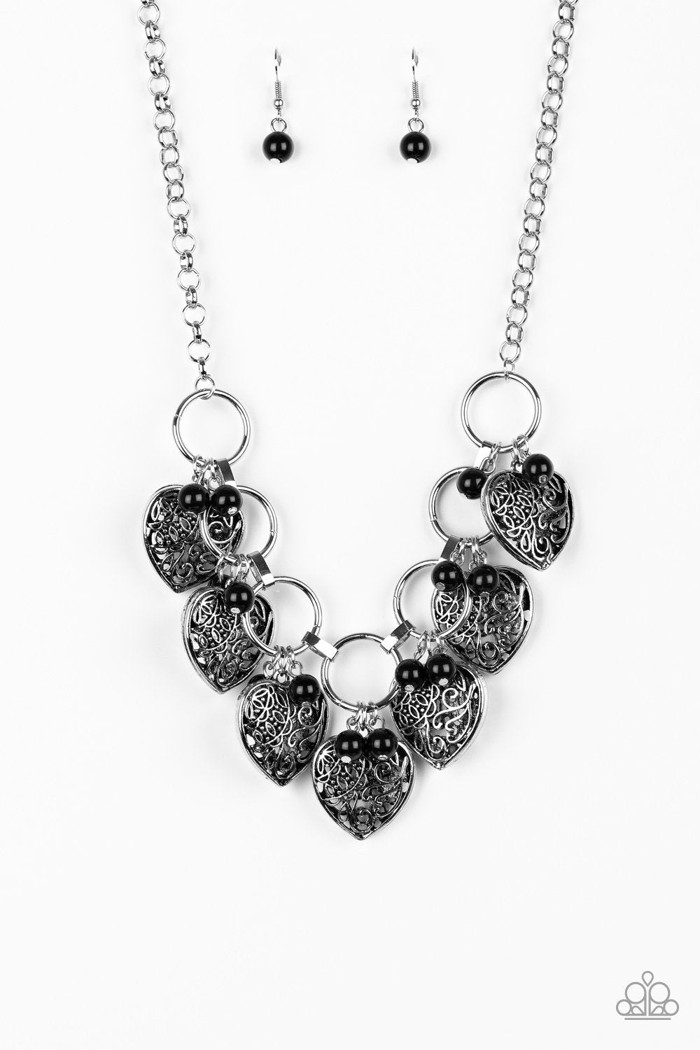Very Valentine Black and Silver Heart Necklace - Paparazzi Accessories - lightbox -CarasShop.com - $5 Jewelry by Cara Jewels