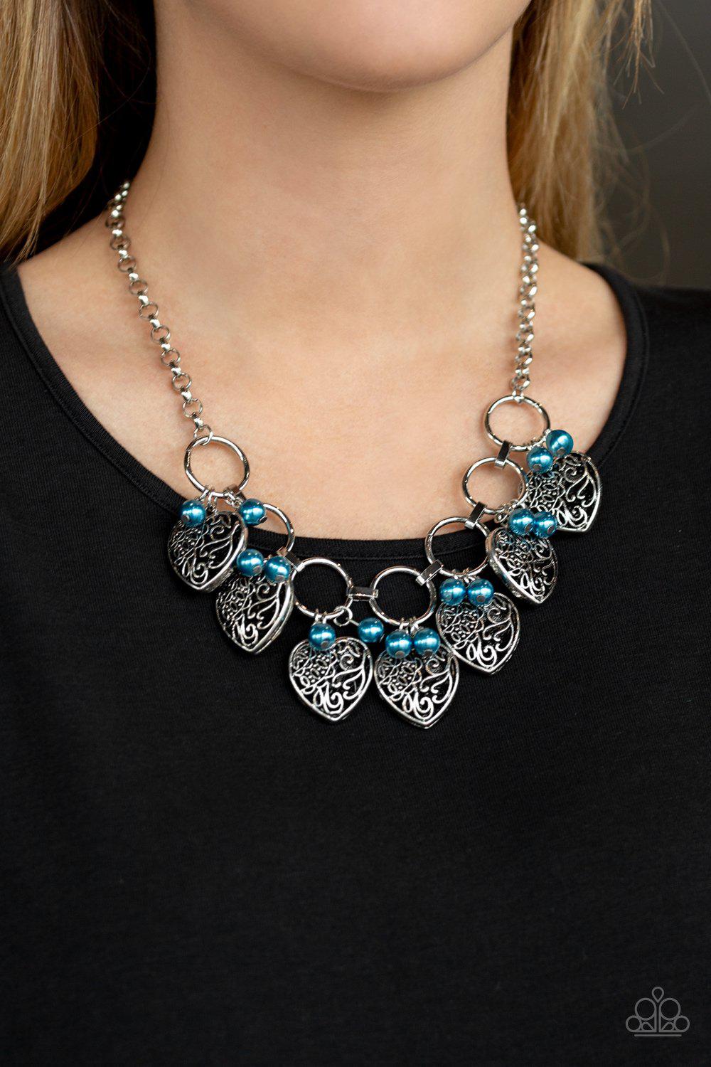 Very Valentine Blue and Silver Heart Necklace - Paparazzi Accessories-CarasShop.com - $5 Jewelry by Cara Jewels