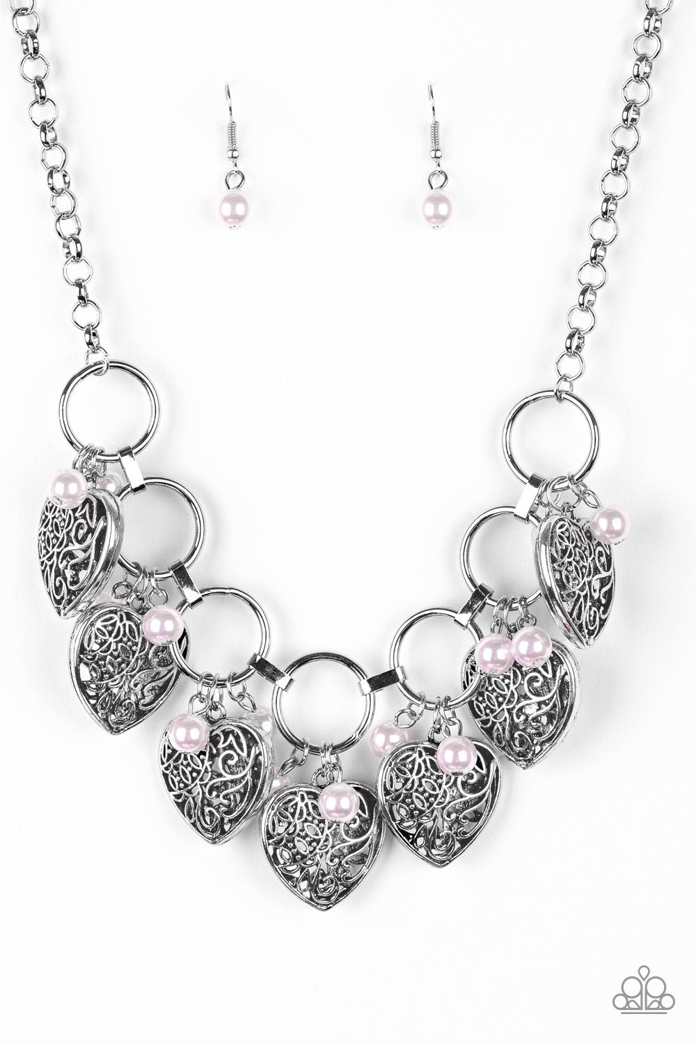 Very Valentine Pink and Silver Heart Necklace - Paparazzi Accessories-CarasShop.com - $5 Jewelry by Cara Jewels