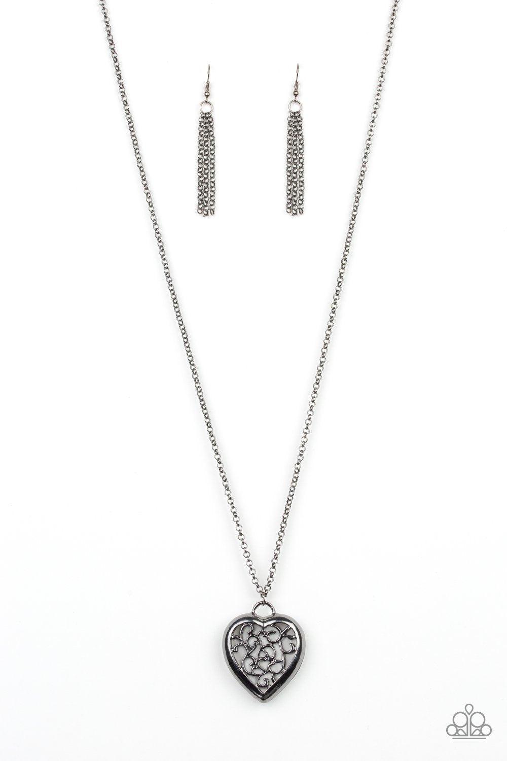 Victorian Valentine Gunmetal Black Filigree Heart Necklace - Paparazzi Accessories- lightbox - CarasShop.com - $5 Jewelry by Cara Jewels