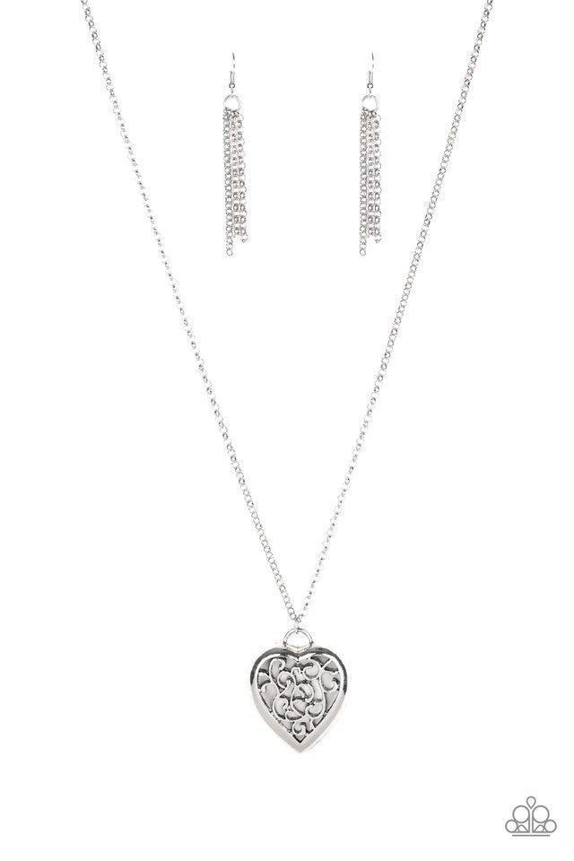 Victorian Valentine Silver Heart Necklace - Paparazzi Accessories - lightbox -CarasShop.com - $5 Jewelry by Cara Jewels