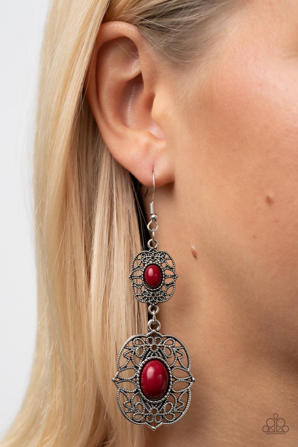 Victorian Villa Red Earrings - Paparazzi Accessories-on model - CarasShop.com - $5 Jewelry by Cara Jewels