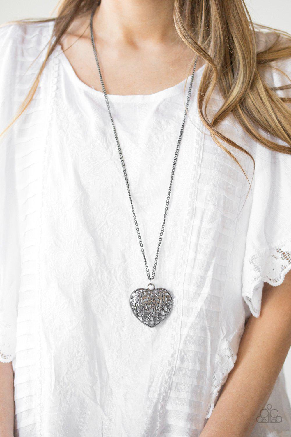 Victorian Virtue Gunmetal Black Filigree Heart Necklace - Paparazzi Accessories - model -CarasShop.com - $5 Jewelry by Cara Jewels