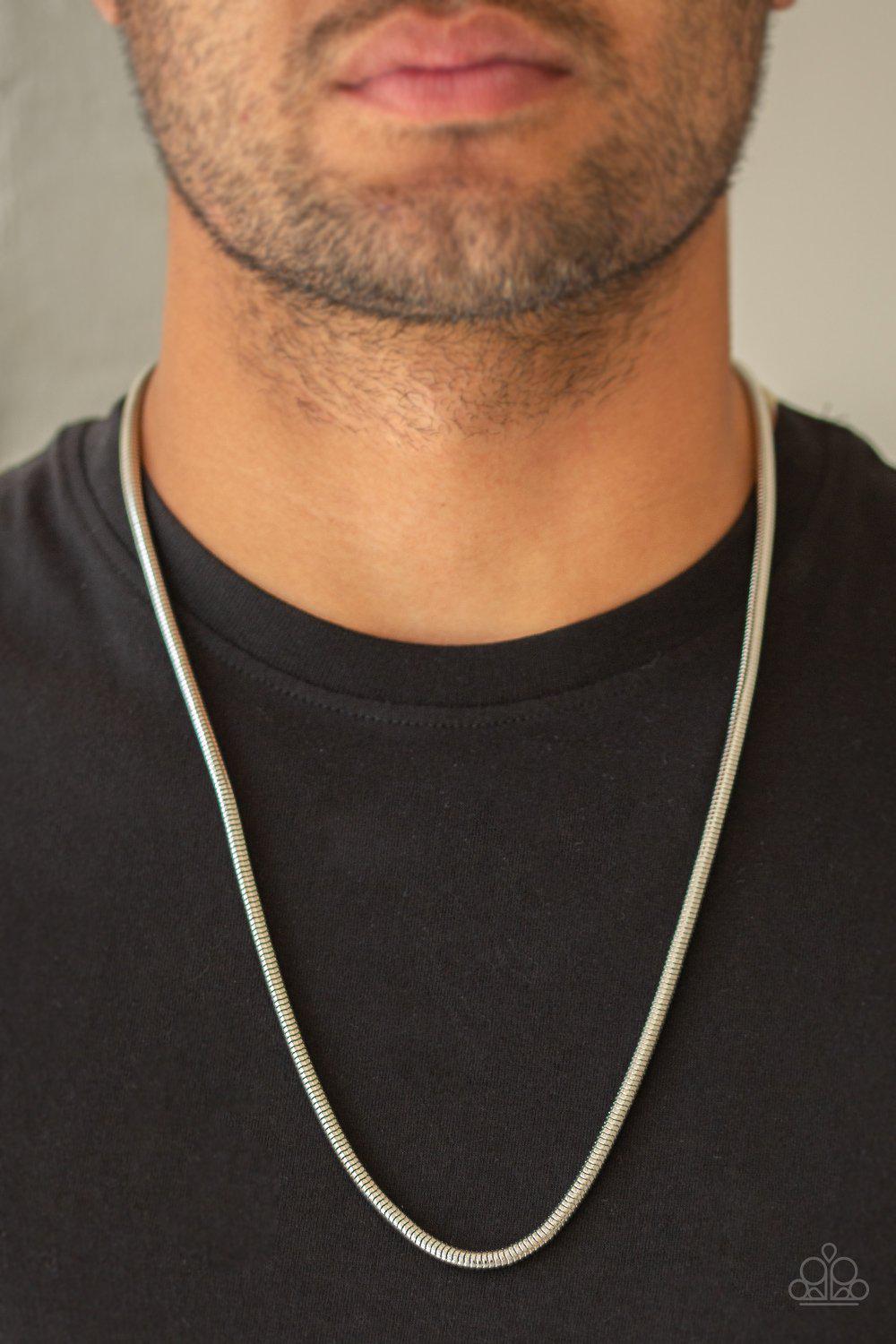 Victory Lap Men&#39;s Silver Snake Chain Necklace - Paparazzi Accessories-CarasShop.com - $5 Jewelry by Cara Jewels