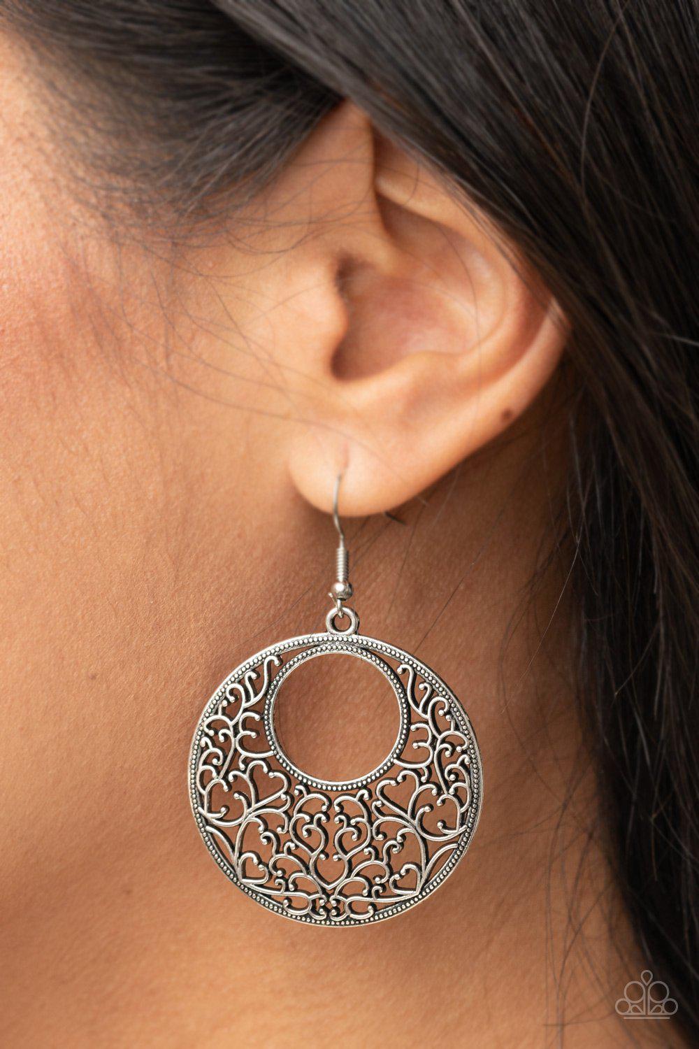 Vineyard Romance Silver Filigree Earrings - Paparazzi Accessories- model - CarasShop.com - $5 Jewelry by Cara Jewels