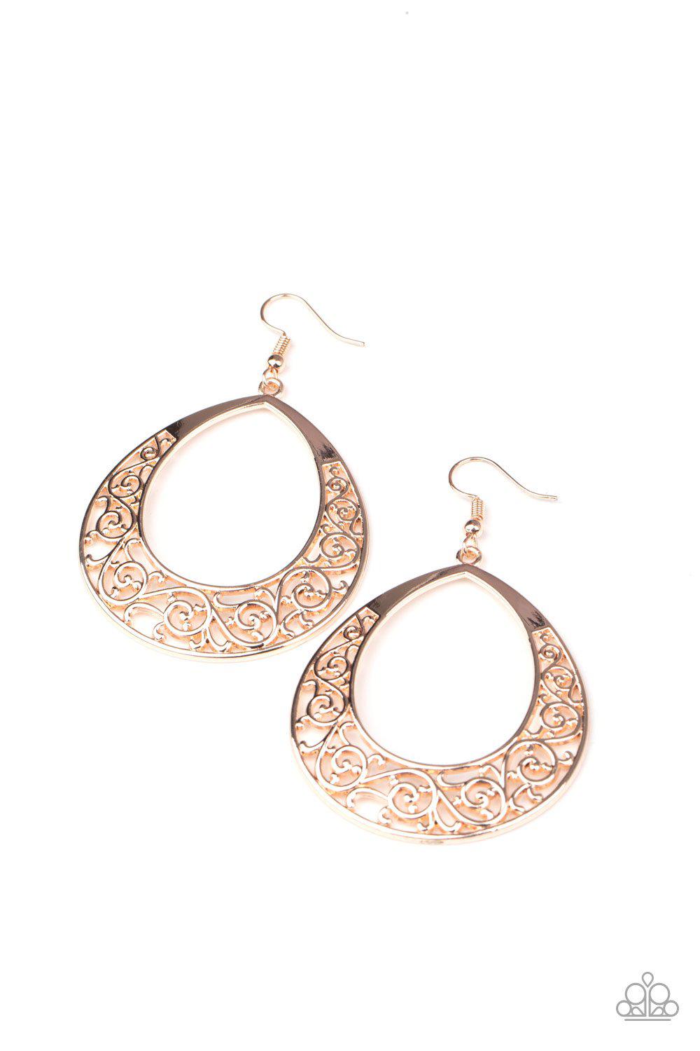 Vineyard Venture Rose Gold Filigree Teardrop Earrings - Paparazzi Accessories-CarasShop.com - $5 Jewelry by Cara Jewels