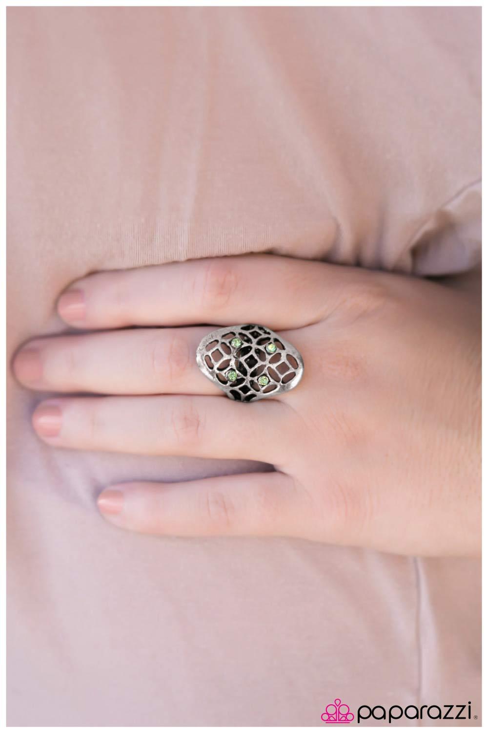 Vintage Décor Silver and Green Ring - Paparazzi Accessories-CarasShop.com - $5 Jewelry by Cara Jewels