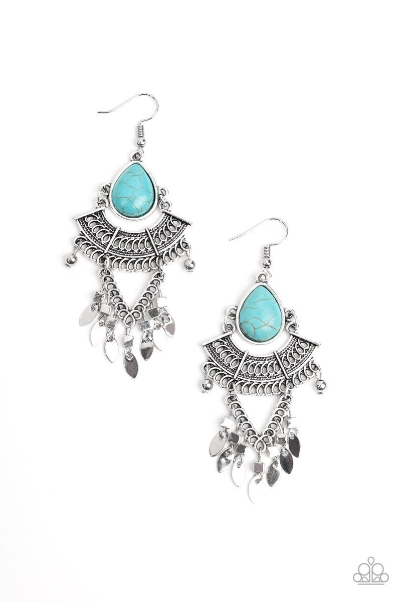 Vintage Vagabond Silver and Turquoise Blue Stone Earrings - Paparazzi Accessories-CarasShop.com - $5 Jewelry by Cara Jewels