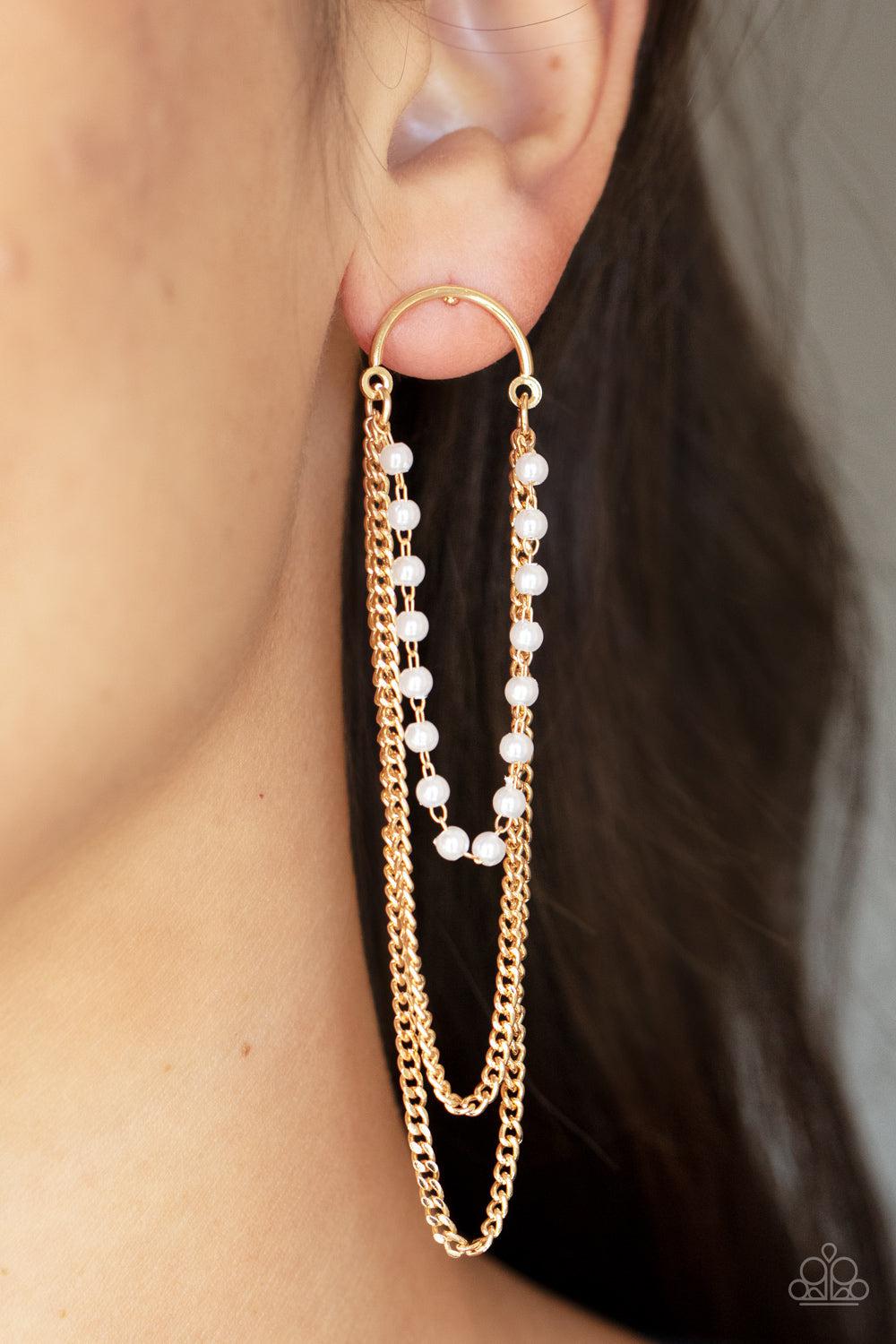 Vintage VIP Gold and White Pearl Earrings - Paparazzi Accessories-on model - CarasShop.com - $5 Jewelry by Cara Jewels