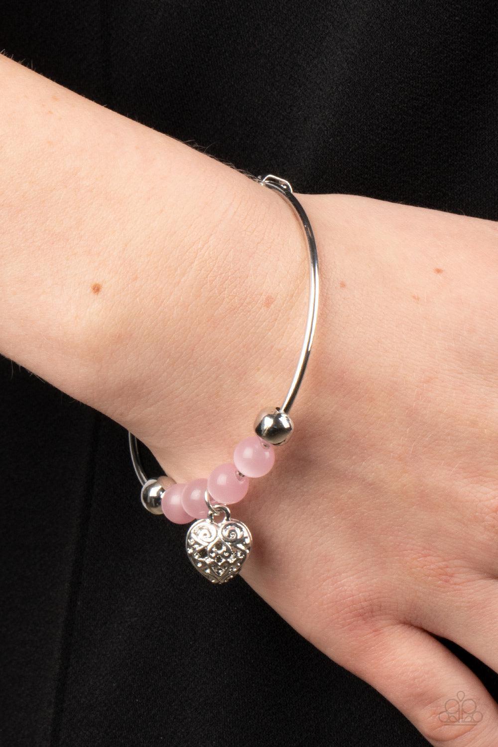 Vintage Vows Pink Heart Charm Bangle Bracelet - Paparazzi Accessories-on model - CarasShop.com - $5 Jewelry by Cara Jewels