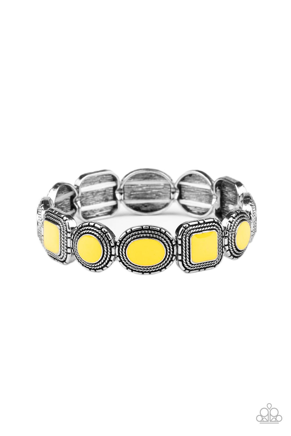 Vividly Vintage Yellow and Silver Bracelet - Paparazzi Accessories-CarasShop.com - $5 Jewelry by Cara Jewels