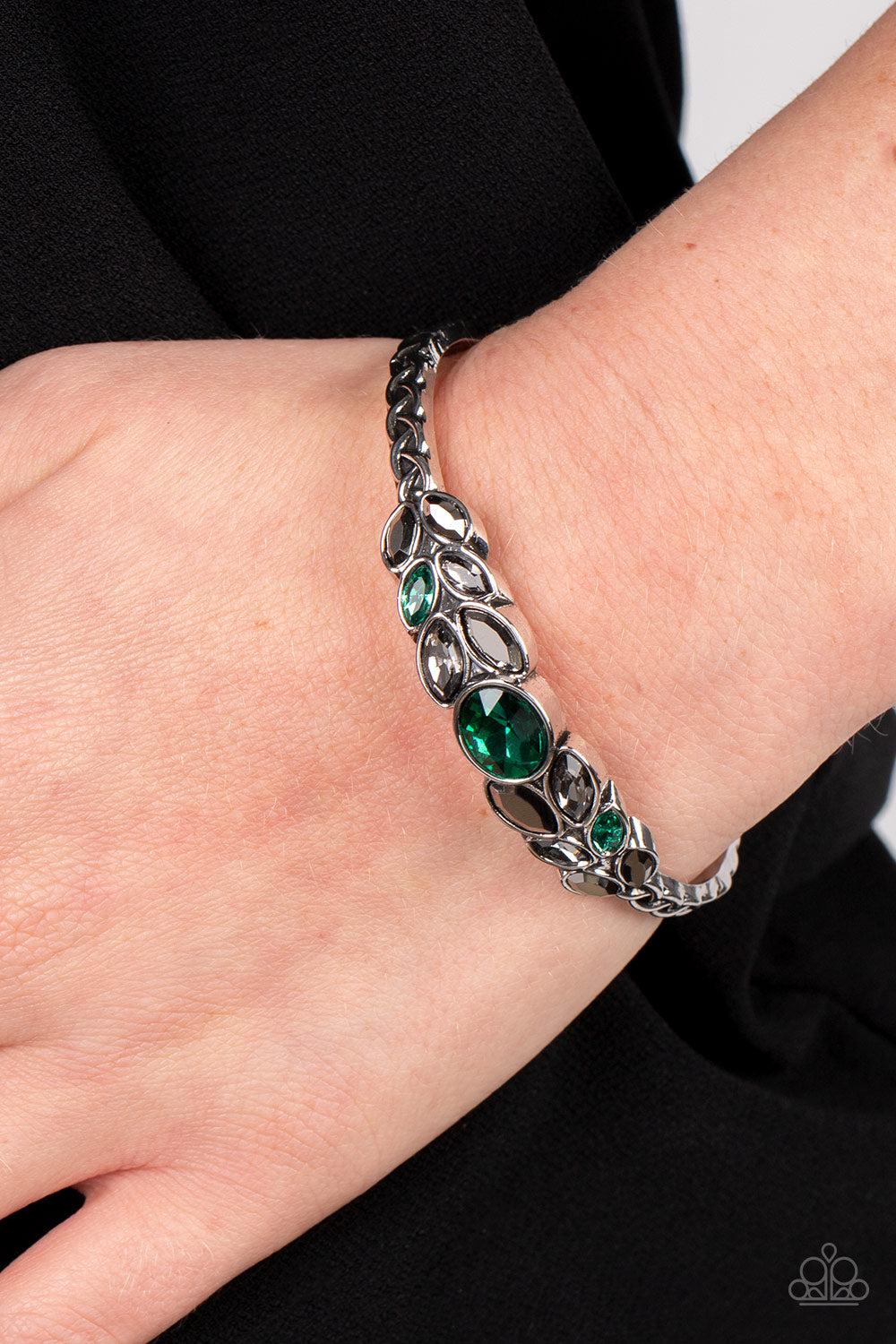 Vogue Vineyard Green Rhinestone Cuff Bracelet - Paparazzi Accessories-on model - CarasShop.com - $5 Jewelry by Cara Jewels