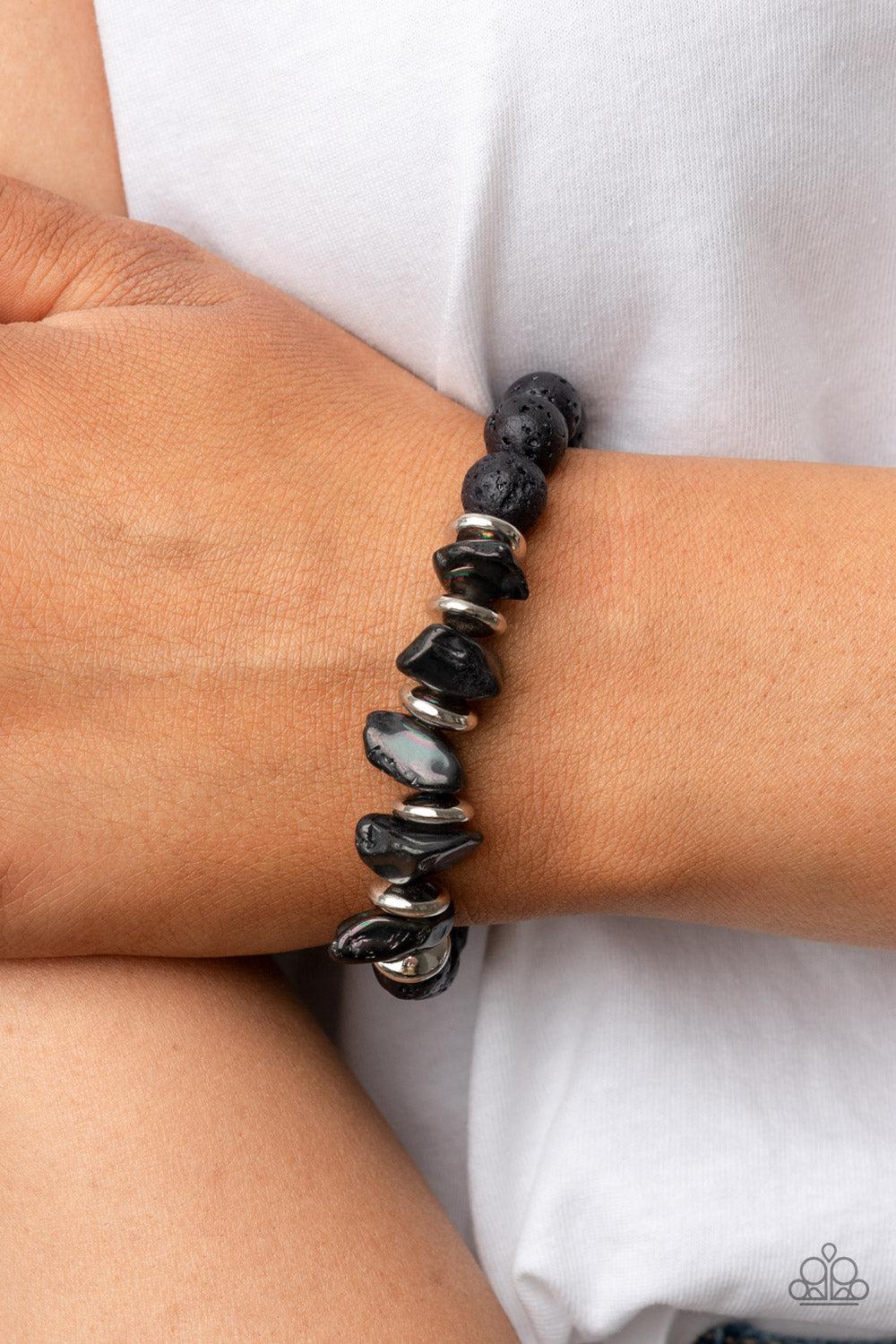 Volcanic Vacay Silver &amp; Black Oil Spill Bracelet - Paparazzi Accessories-on model - CarasShop.com - $5 Jewelry by Cara Jewels