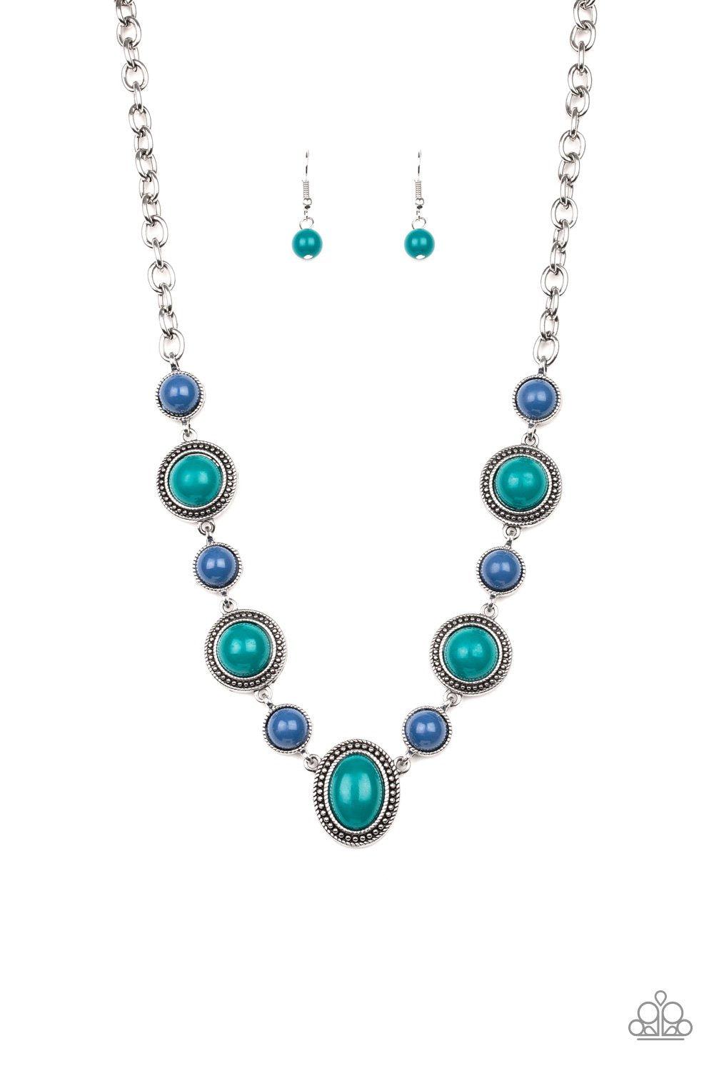 Voyager Vibes Blue and Green Necklace with matching Earrings - Paparazzi Accessories-CarasShop.com - $5 Jewelry by Cara Jewels