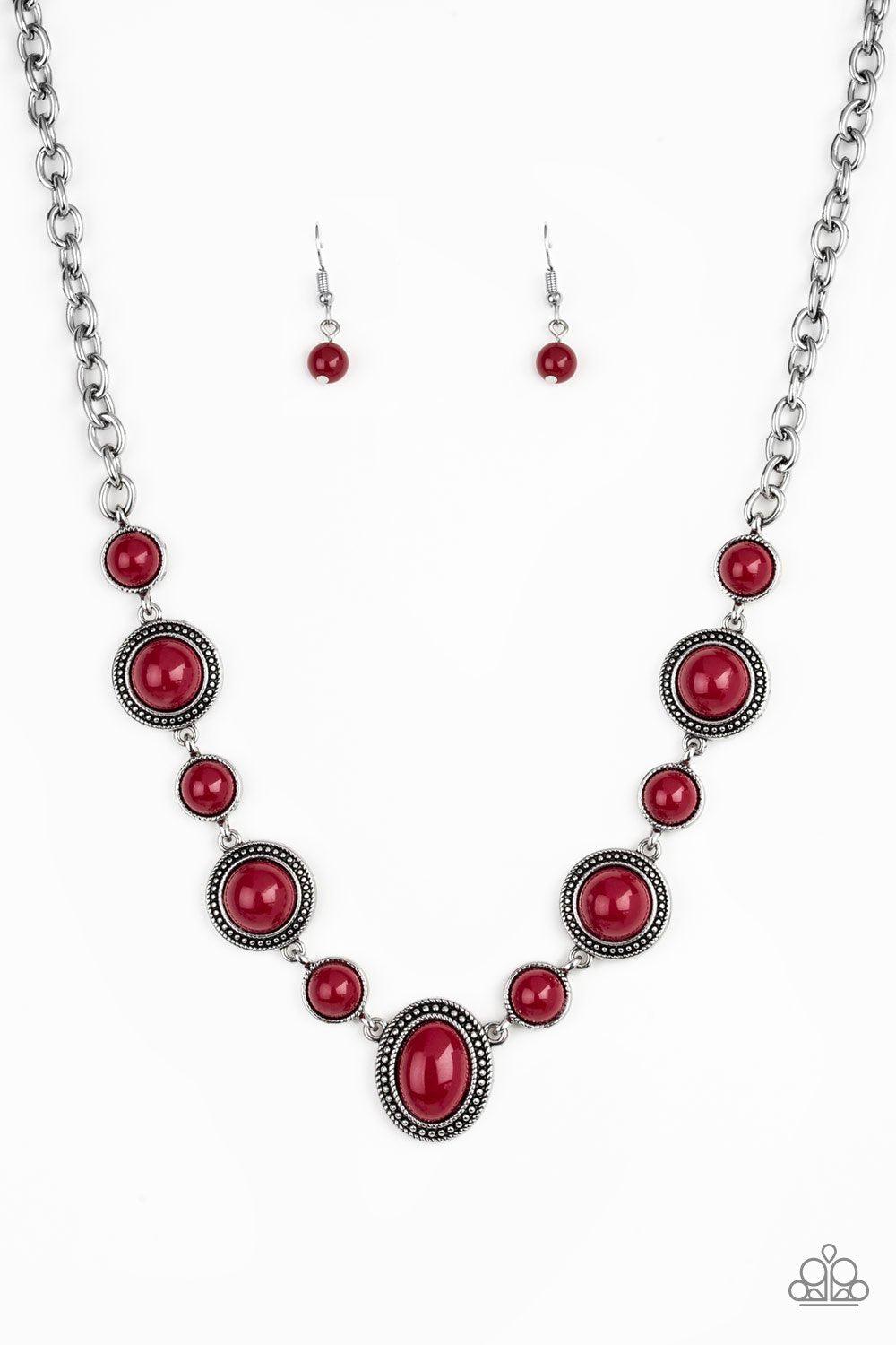 Voyager Vibes Red Necklace and matching Earrings - Paparazzi Accessories-CarasShop.com - $5 Jewelry by Cara Jewels