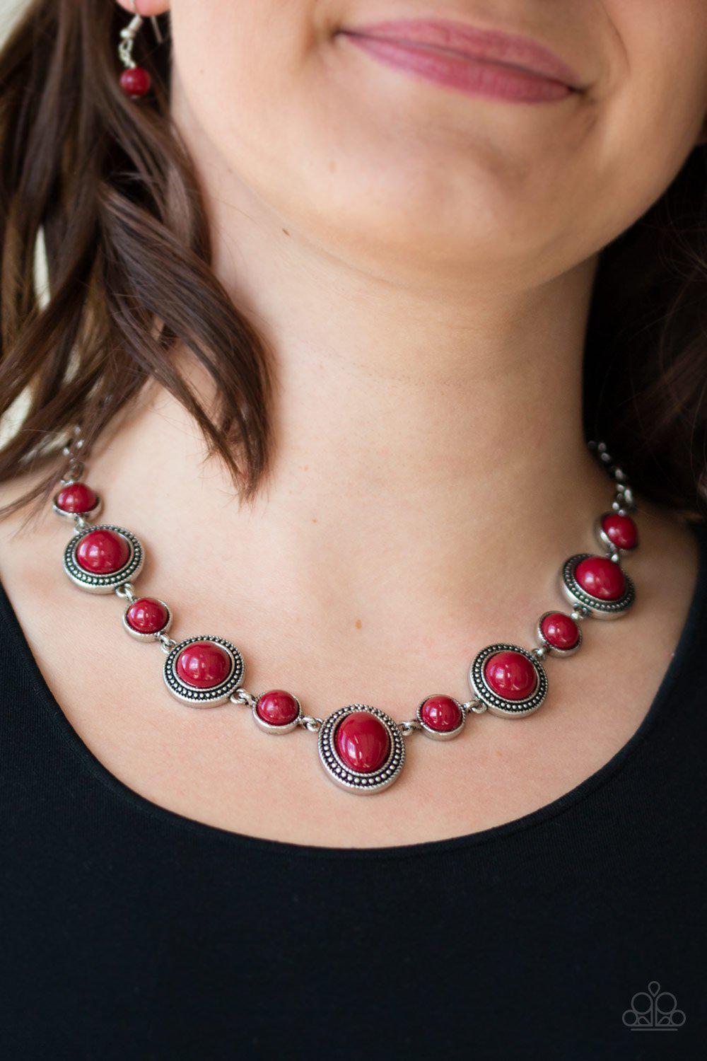 Voyager Vibes Red Necklace and matching Earrings - Paparazzi Accessories-CarasShop.com - $5 Jewelry by Cara Jewels