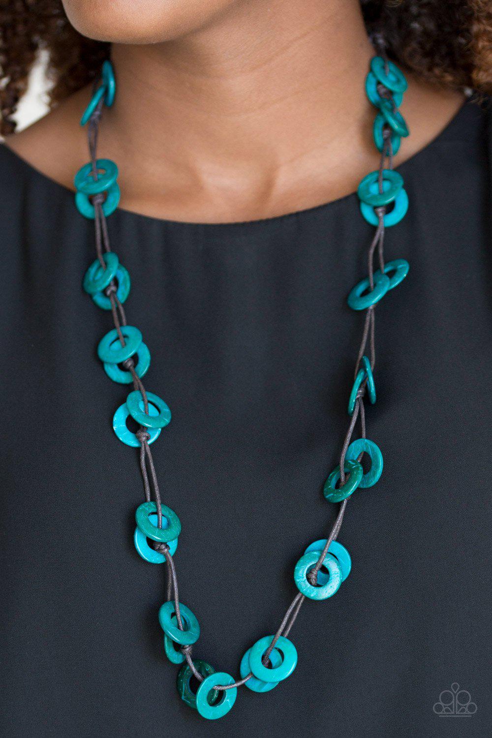 Waikiki Winds Blue Wood Necklace - Paparazzi Accessories - model -CarasShop.com - $5 Jewelry by Cara Jewels