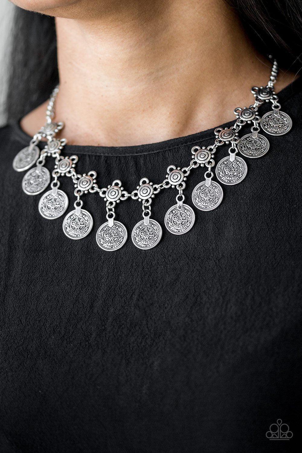 Walk The Plank Silver Coin Necklace - Paparazzi Accessories- model - CarasShop.com - $5 Jewelry by Cara Jewels