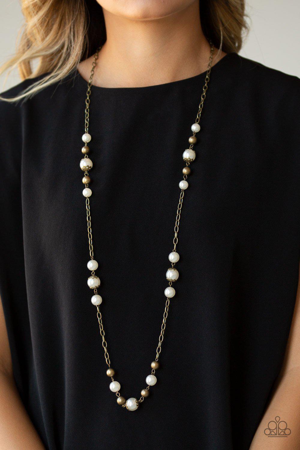 Wall Street Waltz Brass and White Pearl Necklace - Paparazzi Accessories - model -CarasShop.com - $5 Jewelry by Cara Jewels